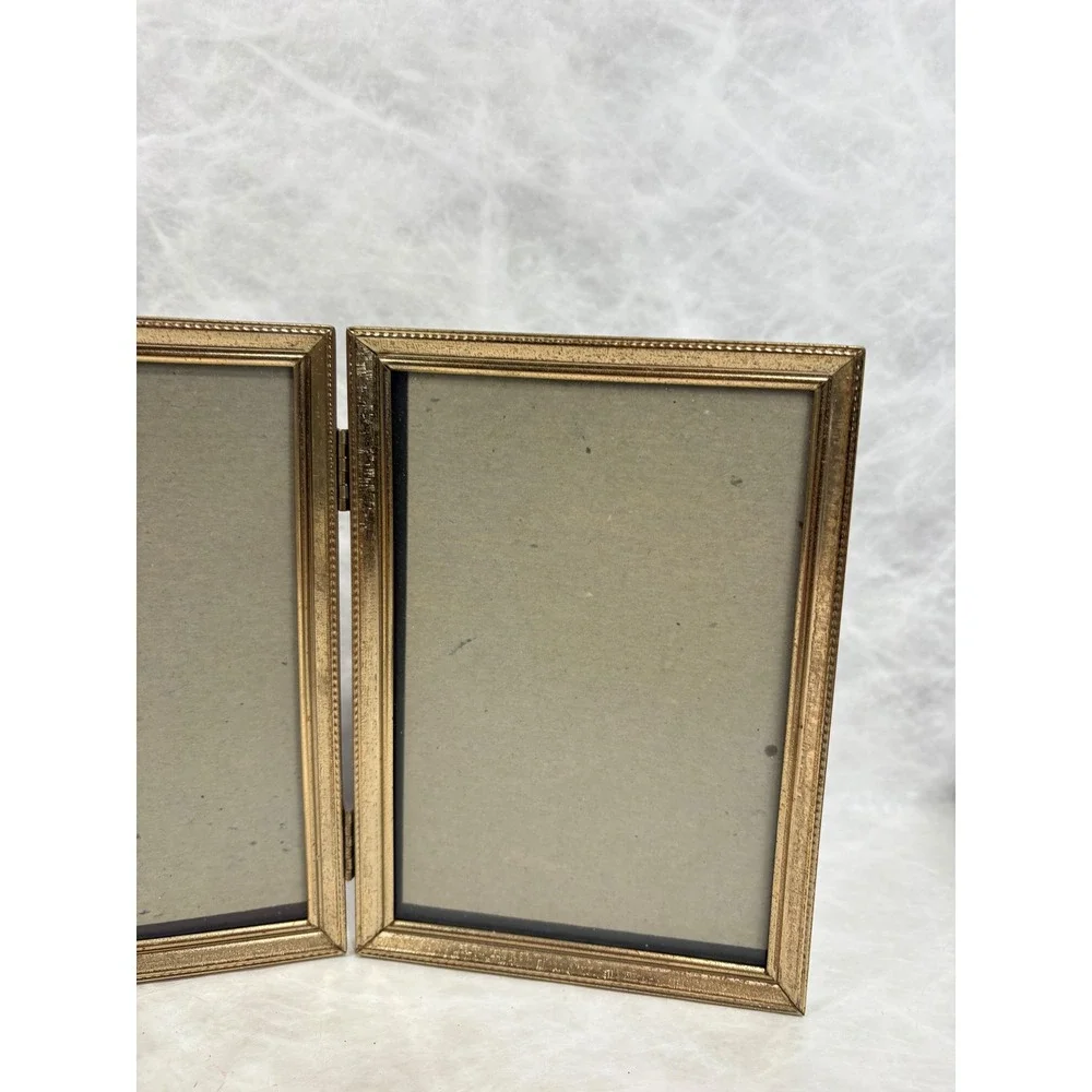 Vintage Gold Metal Glass Double Picture Frame Folding Hinged 5x7 Tabletop Decor